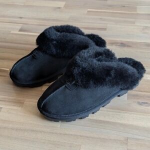 UGG Coquette Black Suede Sheepskin Fur Lined Slippers Women's Size 7 NWOT